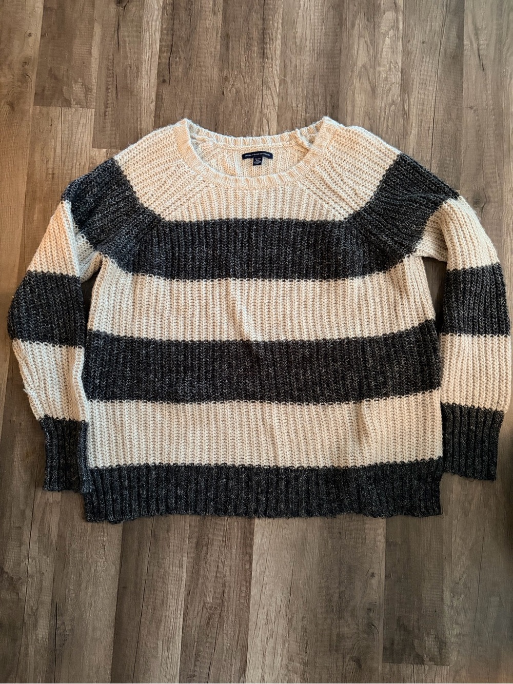 American Eagle Outfitters Striped Crewneck Sweater - Cream & Dark Gray